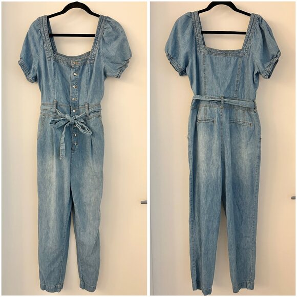 Anthropologie Pilcro Chambray Denim Puff Sleeve Jumpsuit Size 8 - Picture 4 of 12